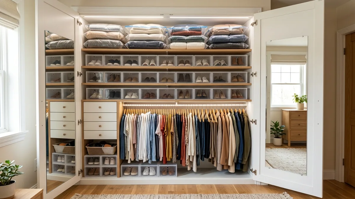Fully organized bedroom closet with seasonal clothing in vacuum storage bags on top shelf, shoes in clear boxes, and a full-length mirror on the door
