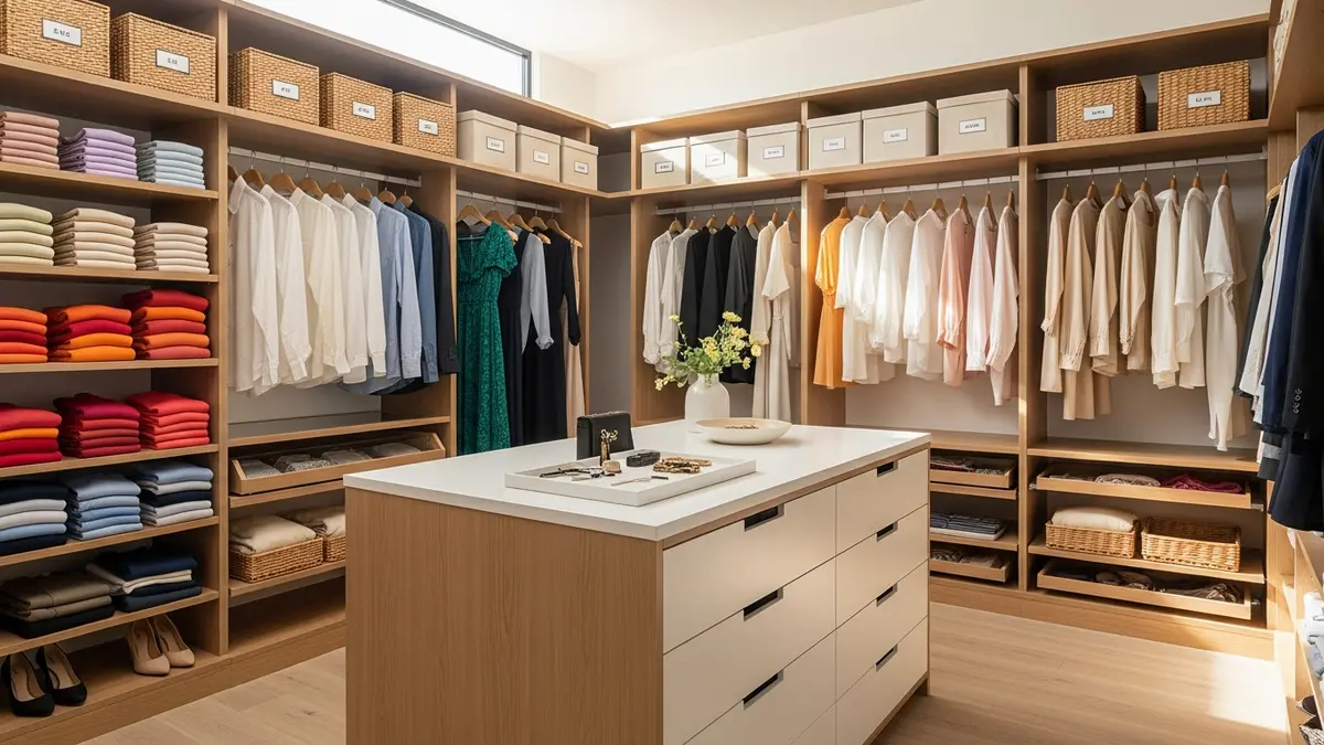 How to organize your closet with color-coordinated clothes and labeled storage boxes on shelves