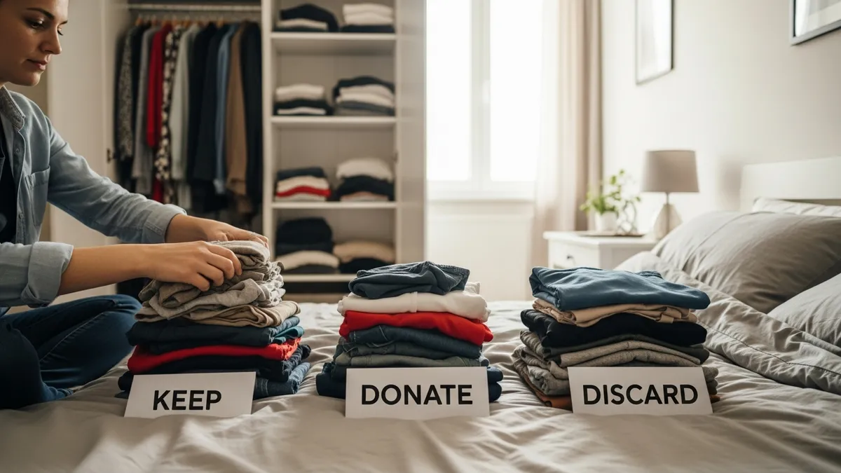 Sorting clothes into keep donate and discard piles as first step to organize closet