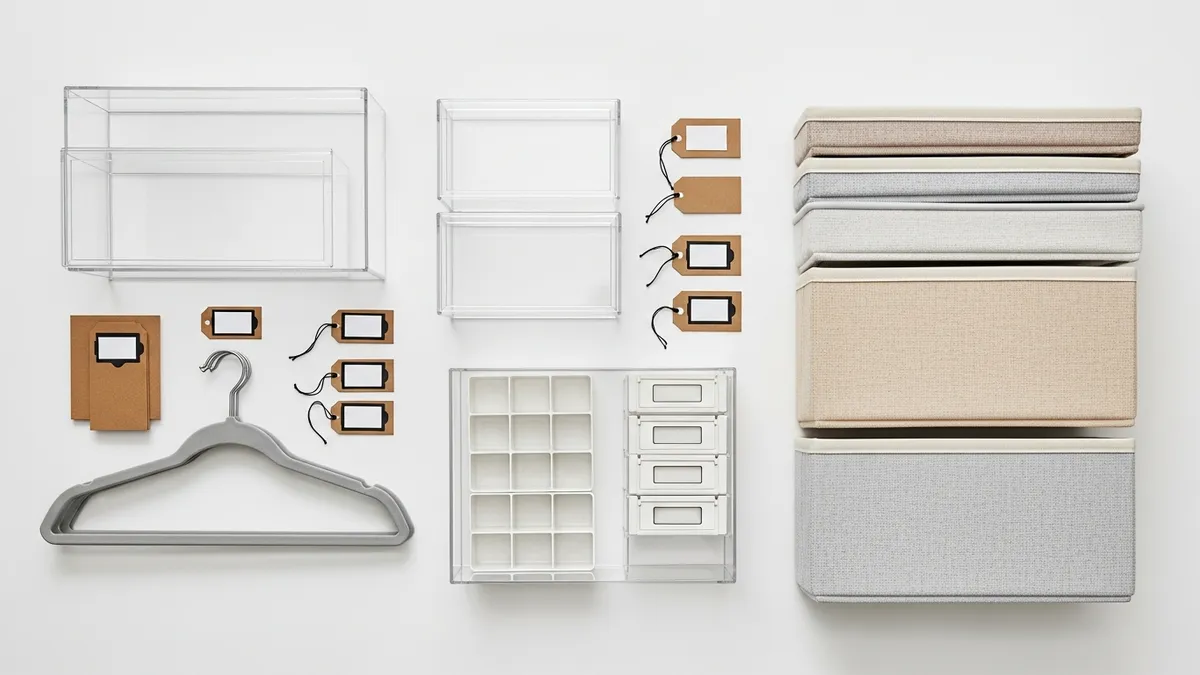 Closet organization products including velvet hangers clear storage boxes fabric bins and drawer dividers