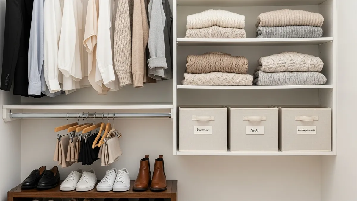 Organized closet zones with hanging rods shelf dividers labeled bins and shoe rack