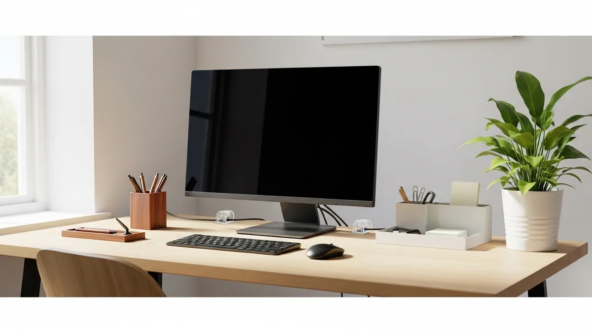 Clean and organized desk setup with desktop organizer, pen holder, and minimal clutter for a productive workspace