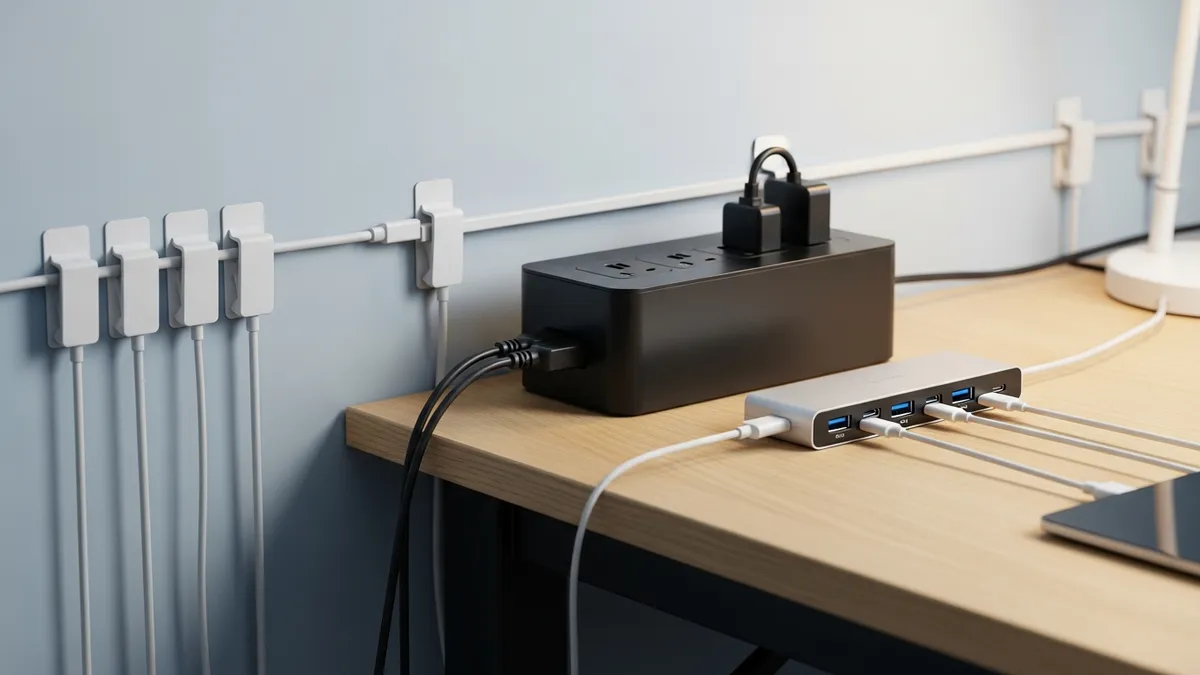 Cable management setup on a desk using cable clips and a cable box to hide cords for a clean workspace