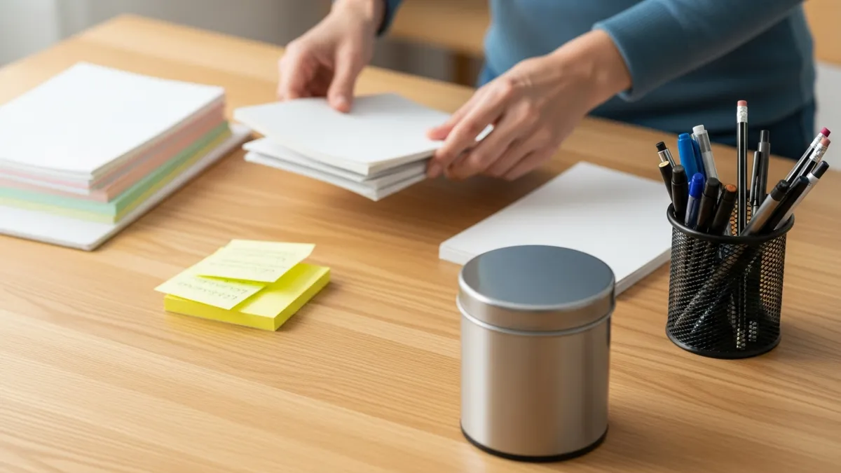 Person decluttering a messy desk by sorting and removing unnecessary items to create a cleaner workspace