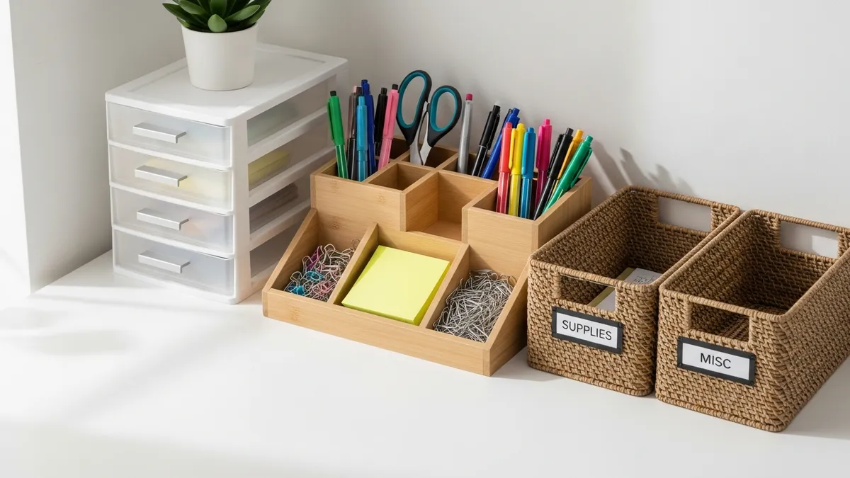 Desk organizer with multiple compartments holding office supplies alongside labeled storage bins for a tidy workspace