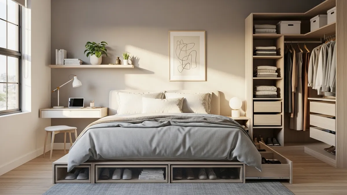 Well-organized bedroom showcasing under-bed storage solutions and tidy closet organization