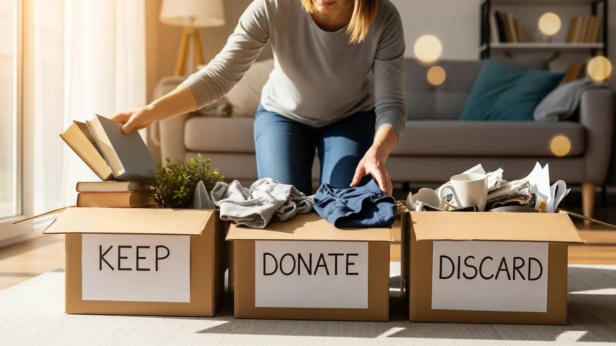 Home decluttering process with organized sorting boxes for keep, donate, and discard items