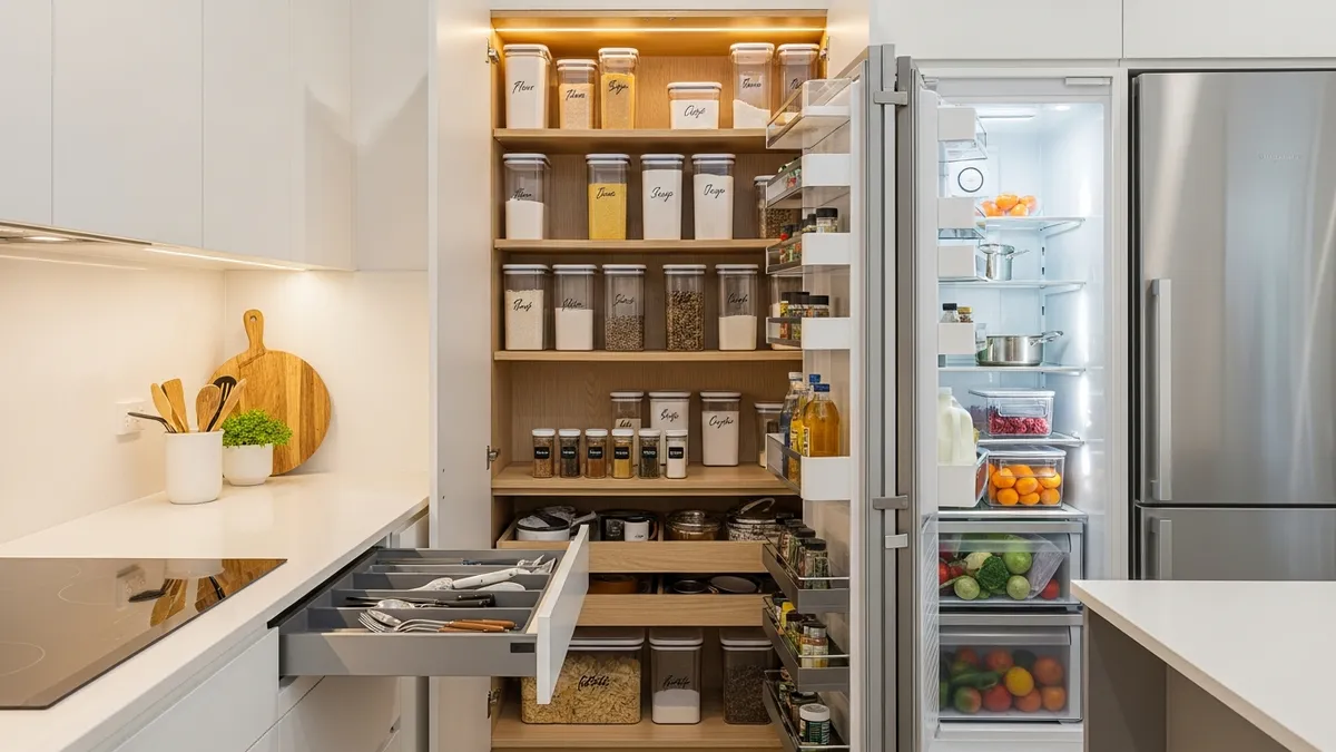 Organized kitchen featuring storage containers, clean countertops, and efficient pantry organization