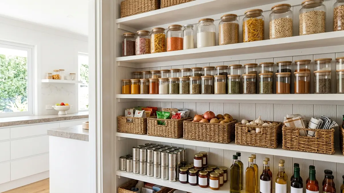 Neatly organized open pantry with clear airtight containers, labeled woven baskets, and white wooden shelving