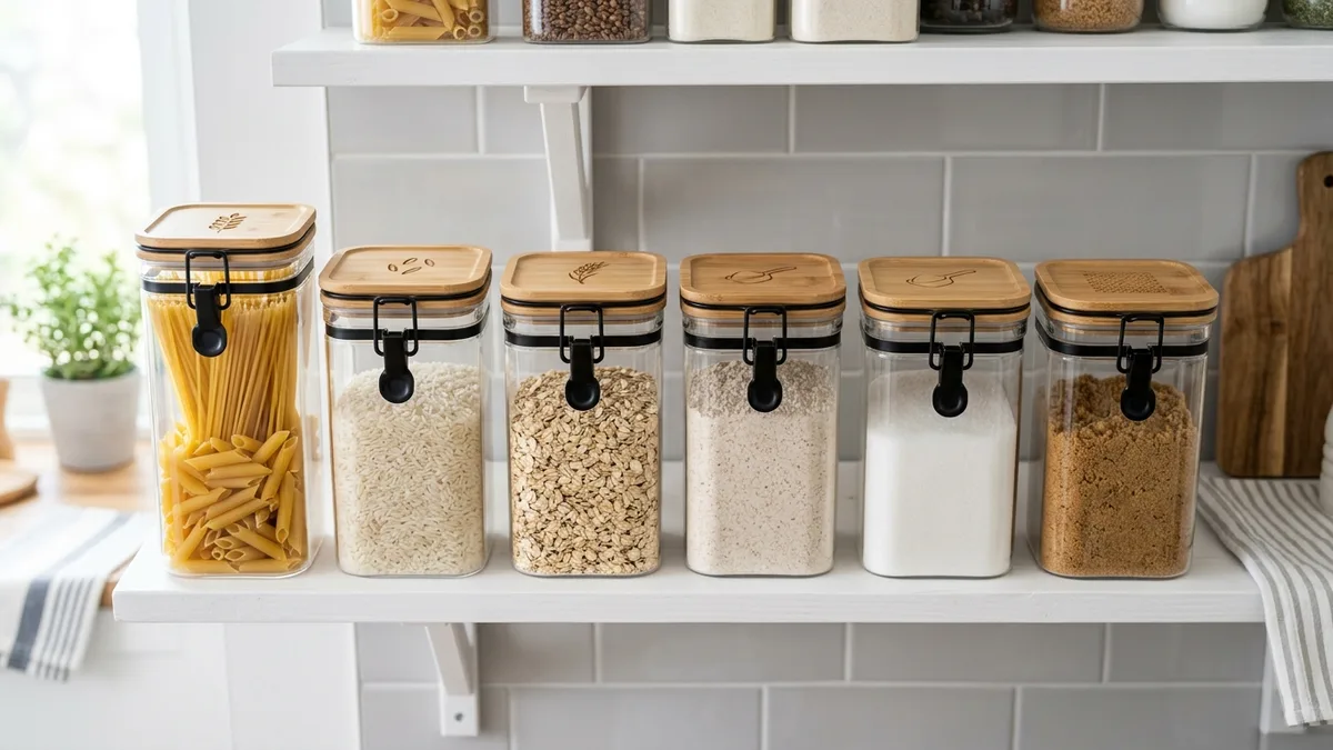 Clear square airtight food storage containers filled with dry goods like pasta, rice, oats, and flour on a white shelf