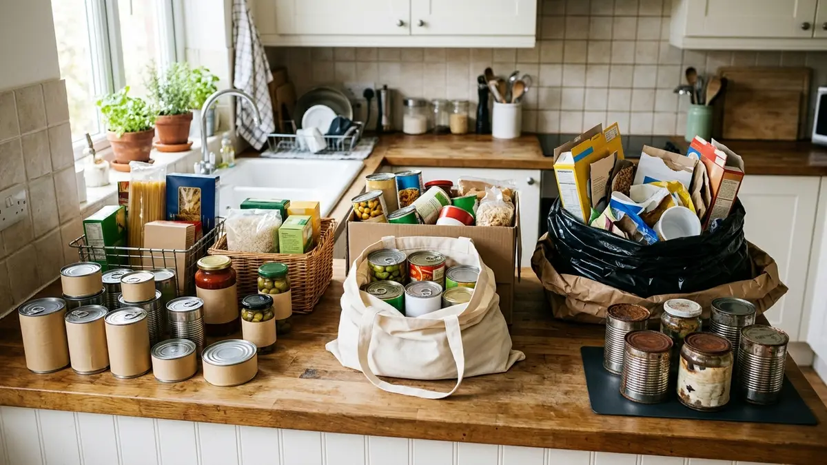 Pantry items sorted into keep, donate, and discard piles on a kitchen counter during a decluttering session