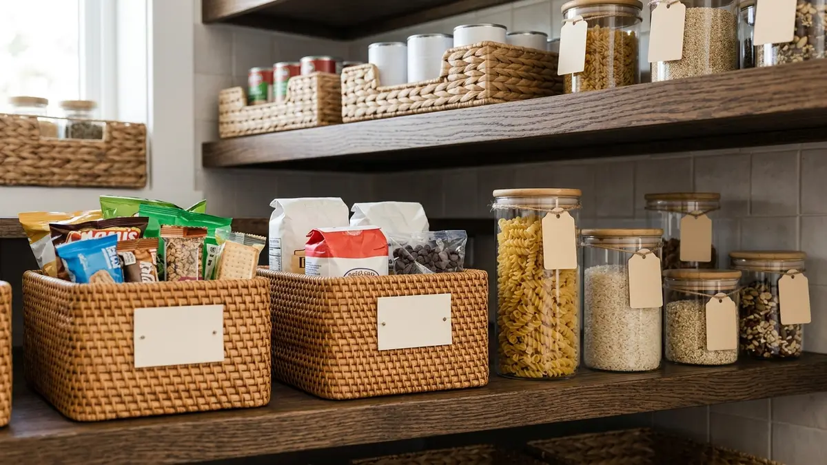 Printed label tags on woven pantry baskets and clear containers organized by category on a wooden shelf