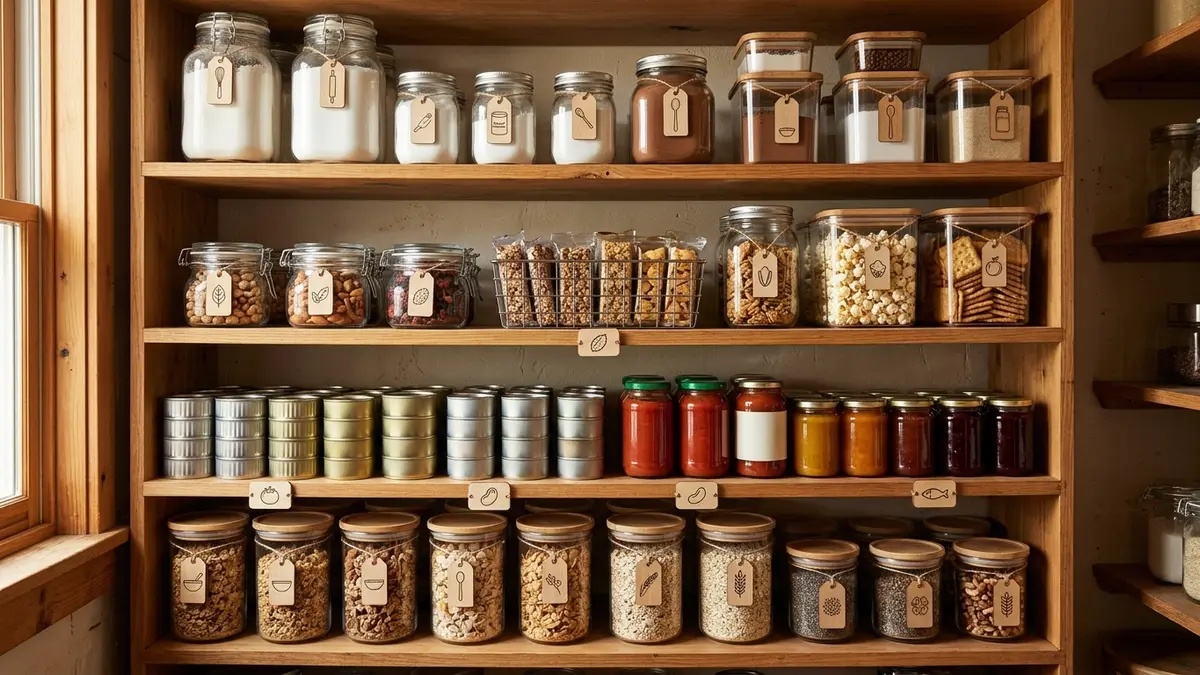 Pantry shelves divided into clearly labeled zones for baking, snacks, canned goods, and breakfast staples