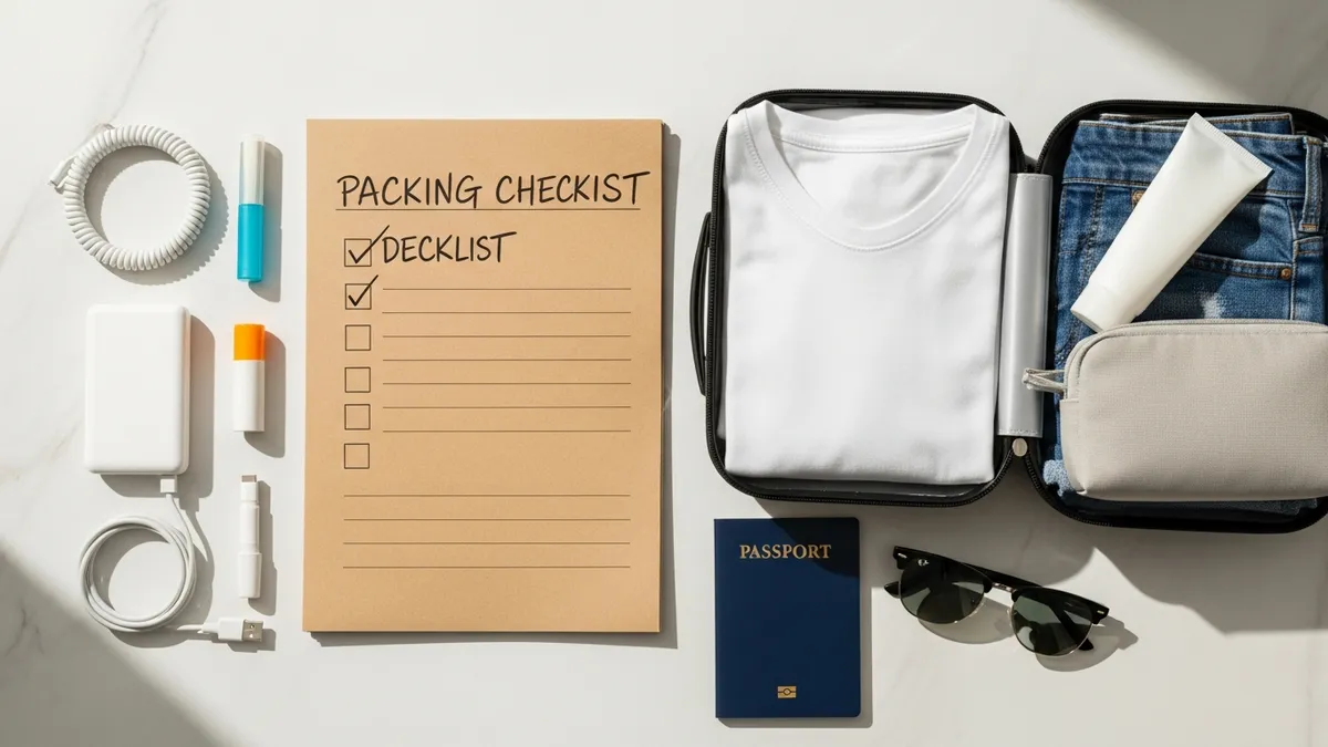 Packing checklist and travel essentials laid out before efficiently packing a suitcase