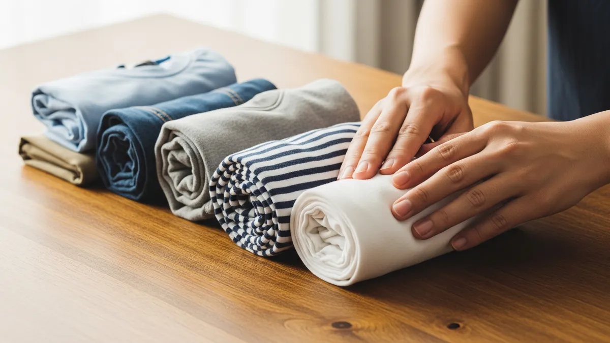 Rolling clothes tightly to save space when packing a suitcase efficiently