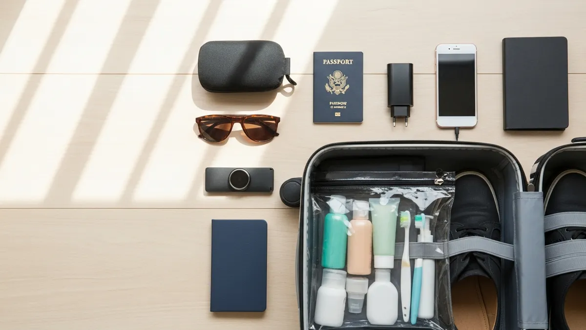 Shoes and toiletries packed efficiently inside a suitcase with travel organizer bags