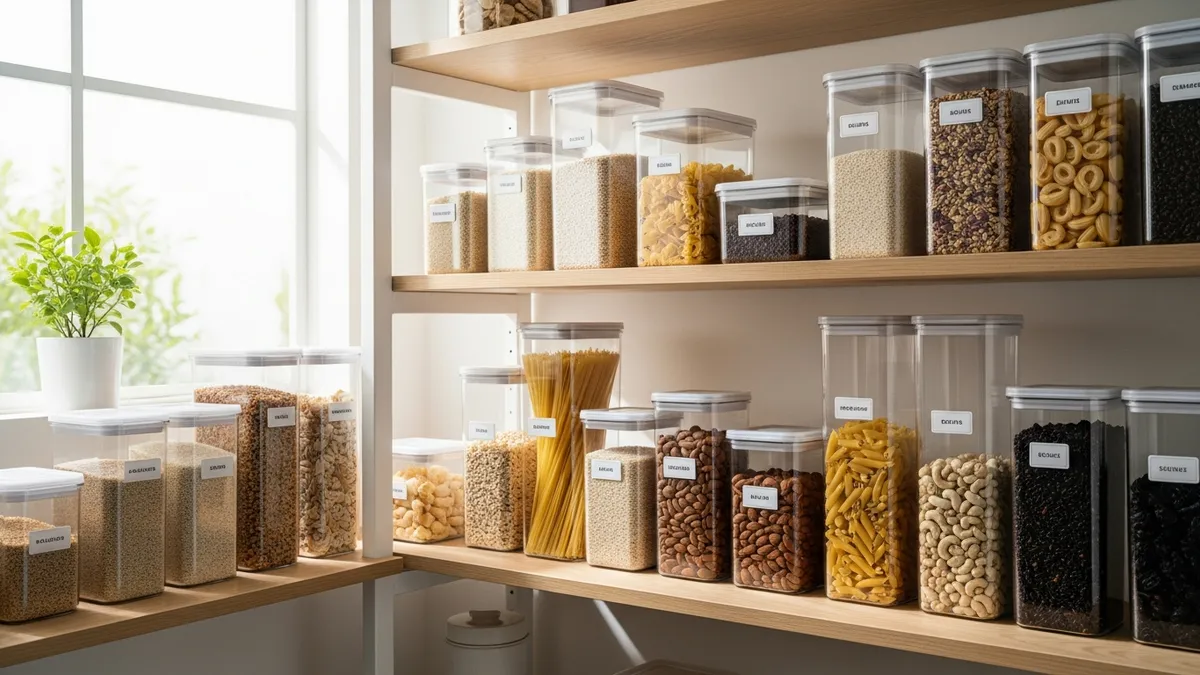 Organized kitchen pantry with airtight food storage containers to store food to last longer