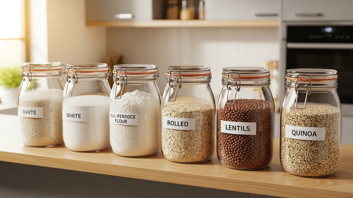 Airtight glass jars storing dry goods like rice and flour to keep food fresh longer