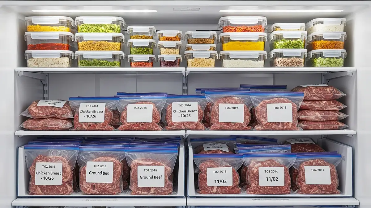 Organized freezer with labeled stackable containers for storing food to last longer