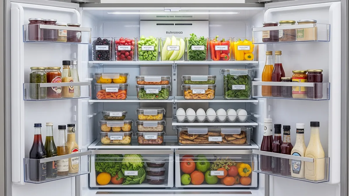 Neatly organized refrigerator with labeled airtight containers for longer food storage