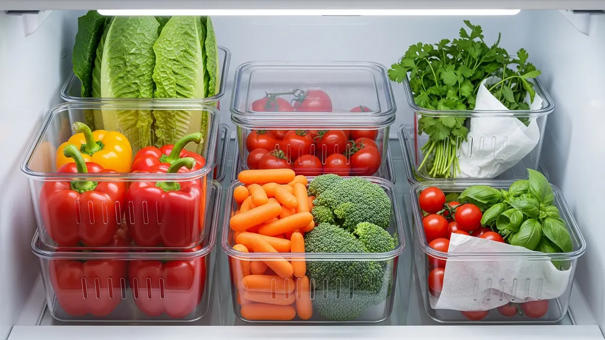 Fresh vegetables stored correctly in produce containers inside refrigerator to extend freshness