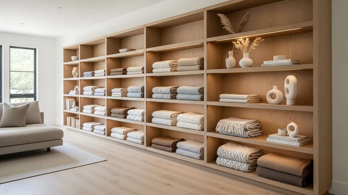 Built-in shelving system showcasing organized blanket storage ideas for living room spaces