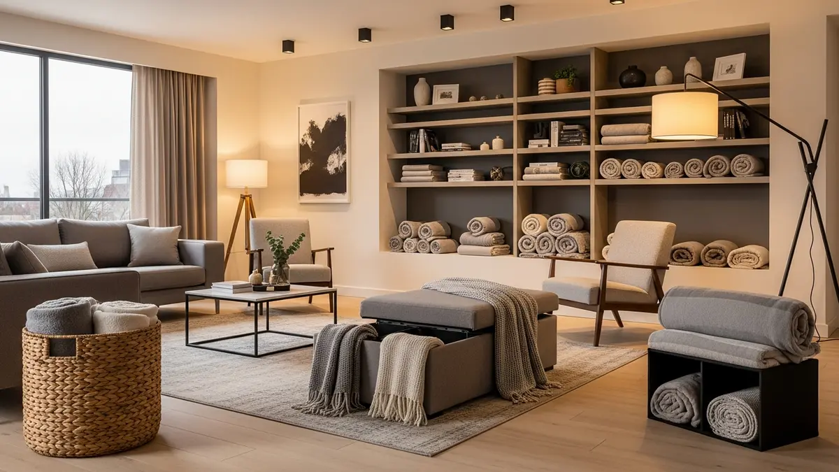 Beautiful living room showcasing creative ideas for blanket storage with organized throws and cozy home decor