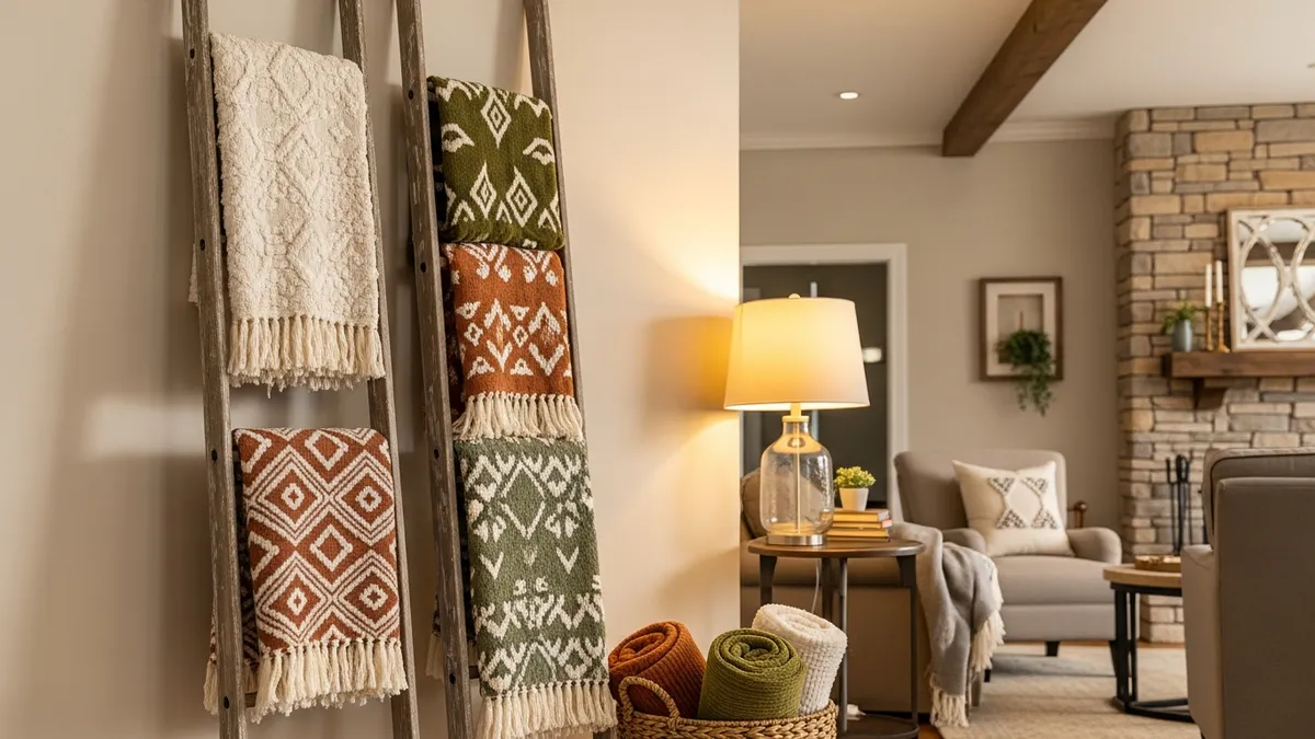 Decorative wooden ladder used for creative blanket storage and display in living room