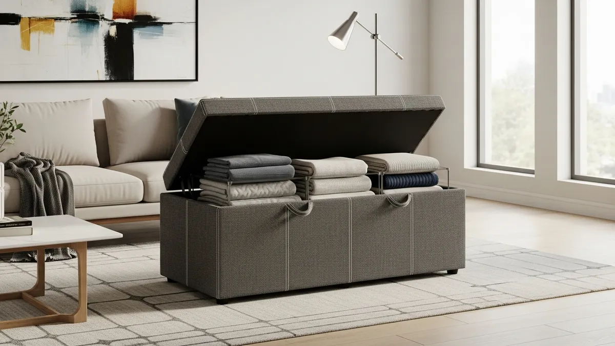 Storage ottoman displaying hidden blanket storage compartment for living room organization