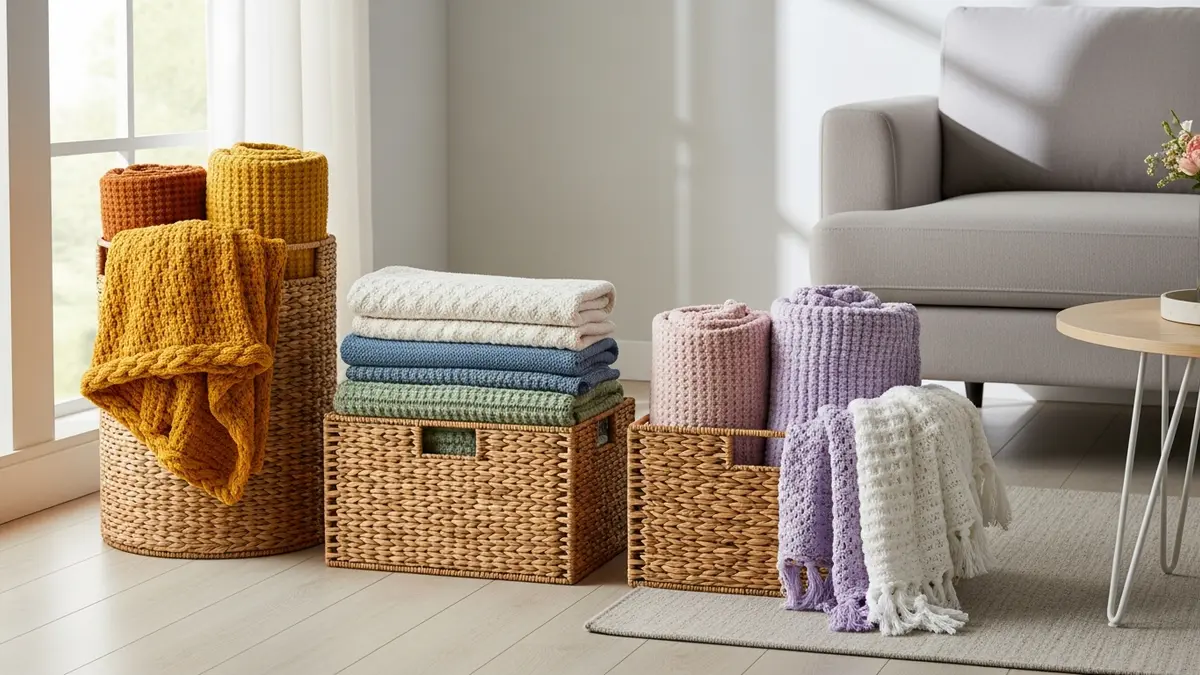 Stylish storage baskets containing neatly folded blankets as living room storage solutions