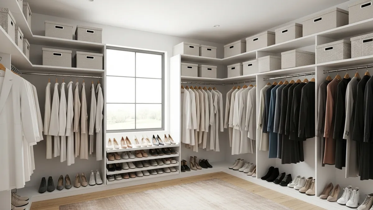 Modern organized closet with creative storage solutions and neat clothing arrangement
