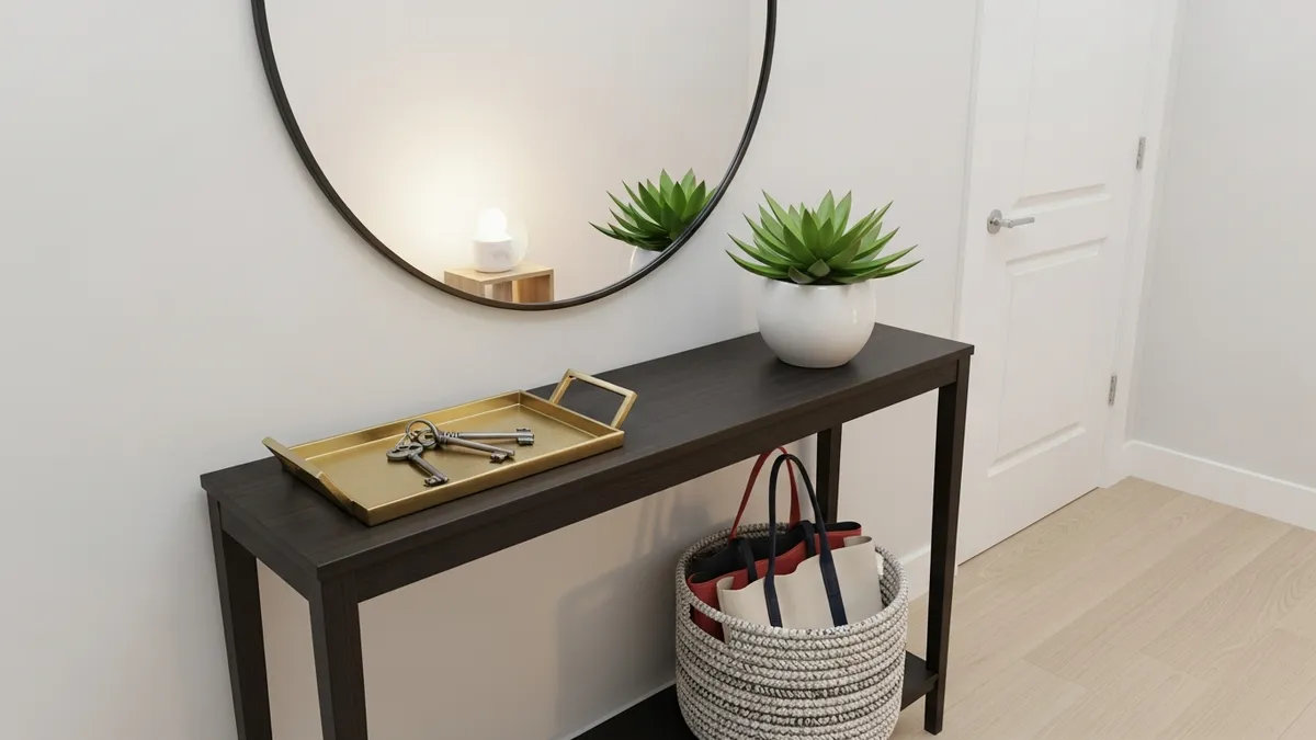 Narrow console table with decorative tray and basket for entryway organization and key storage