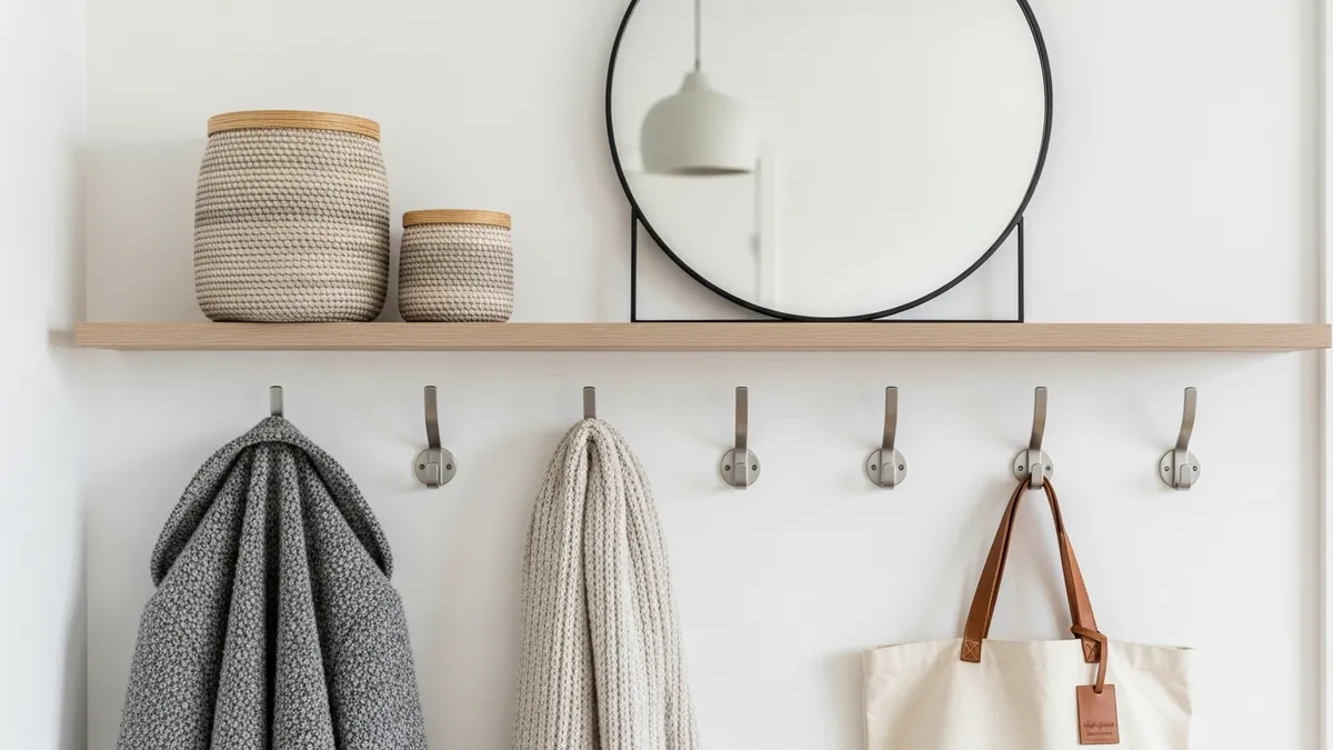 Wall-mounted hooks and floating shelf in entryway for organized coat and bag storage