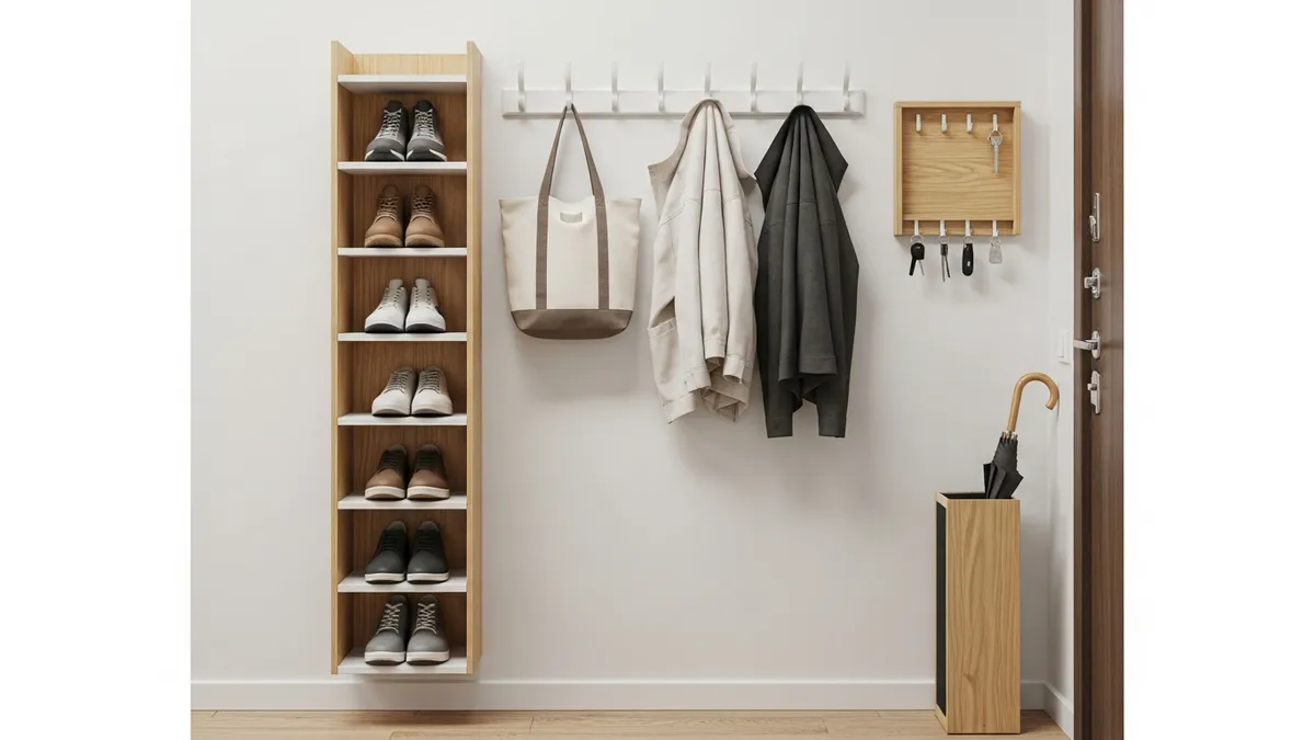 Small apartment entryway maximized with vertical shoe rack, wall hooks, and compact organization solutions