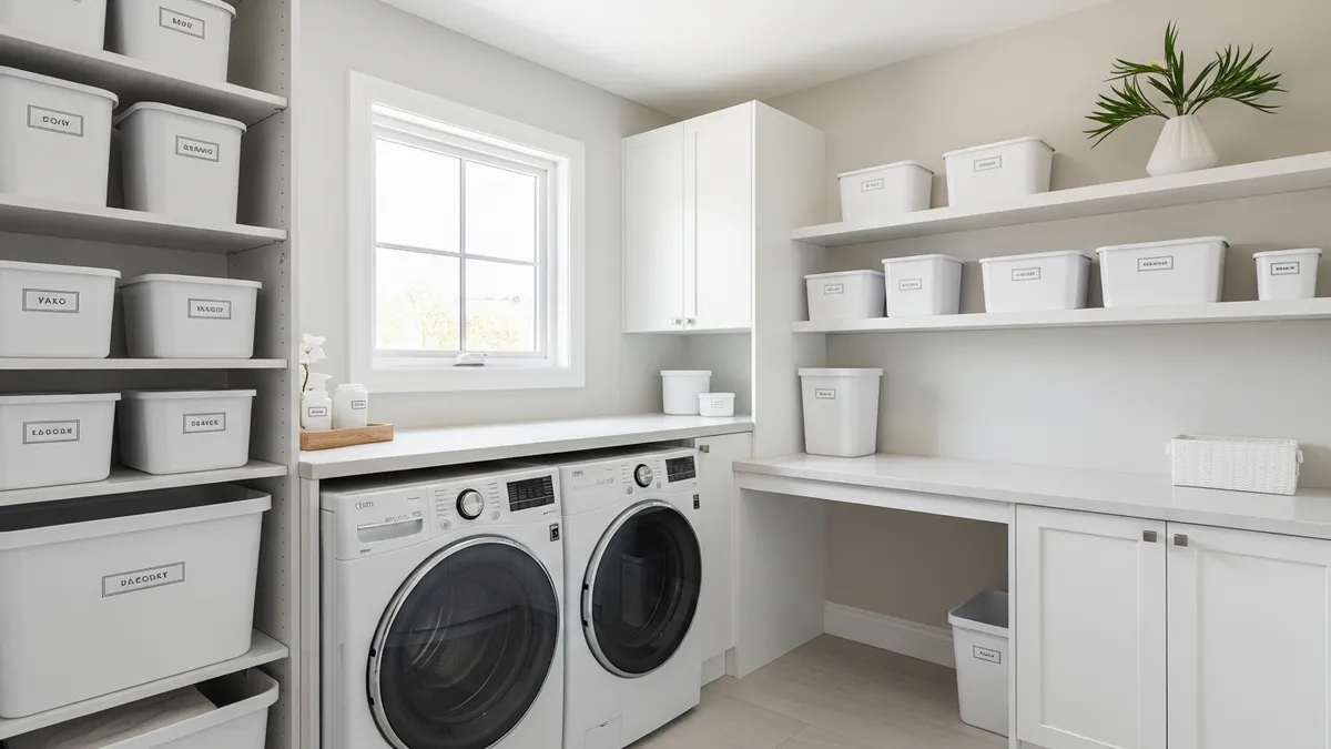 Modern organized laundry room with storage containers and shelving solutions for maximum efficiency