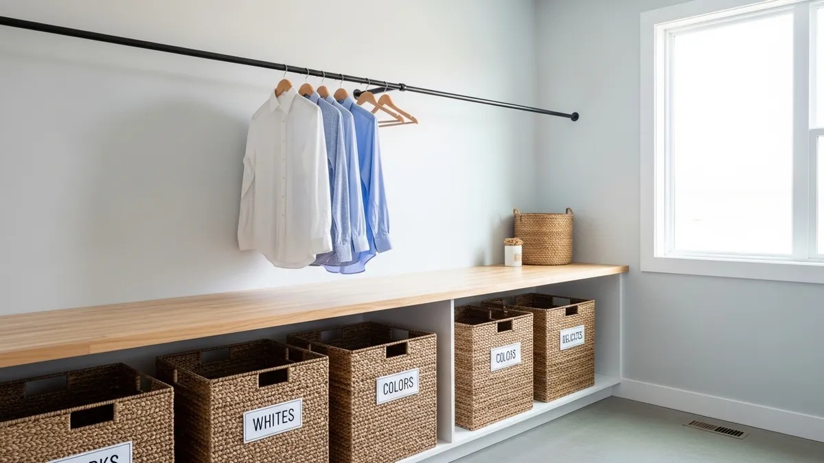 Laundry room sorting station with multiple baskets and folding area