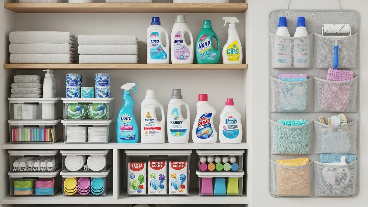 Creative laundry room storage solutions with bins and wall-mounted organizers