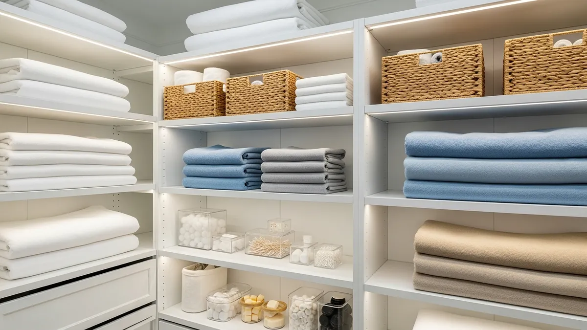 Modern shelving system in linen closet with organized bed linens and storage baskets for efficient linen organization