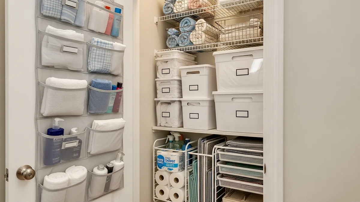 Small linen closet with over-door organizers and stackable storage solutions maximizing vertical space