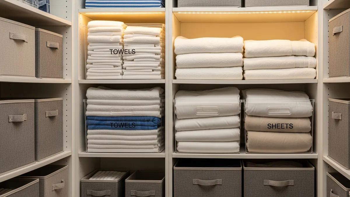 Clear storage containers and fabric bins organizing towels and linens in closet space