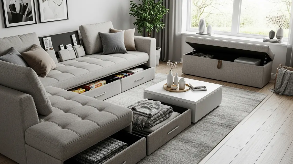 Hidden storage solutions in living room including under-sofa storage and concealed compartments