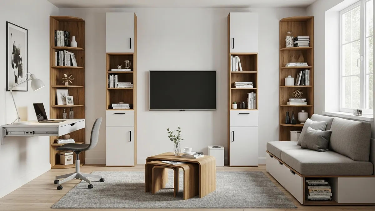 Small living room maximizing storage space with vertical shelving and compact furniture solutions