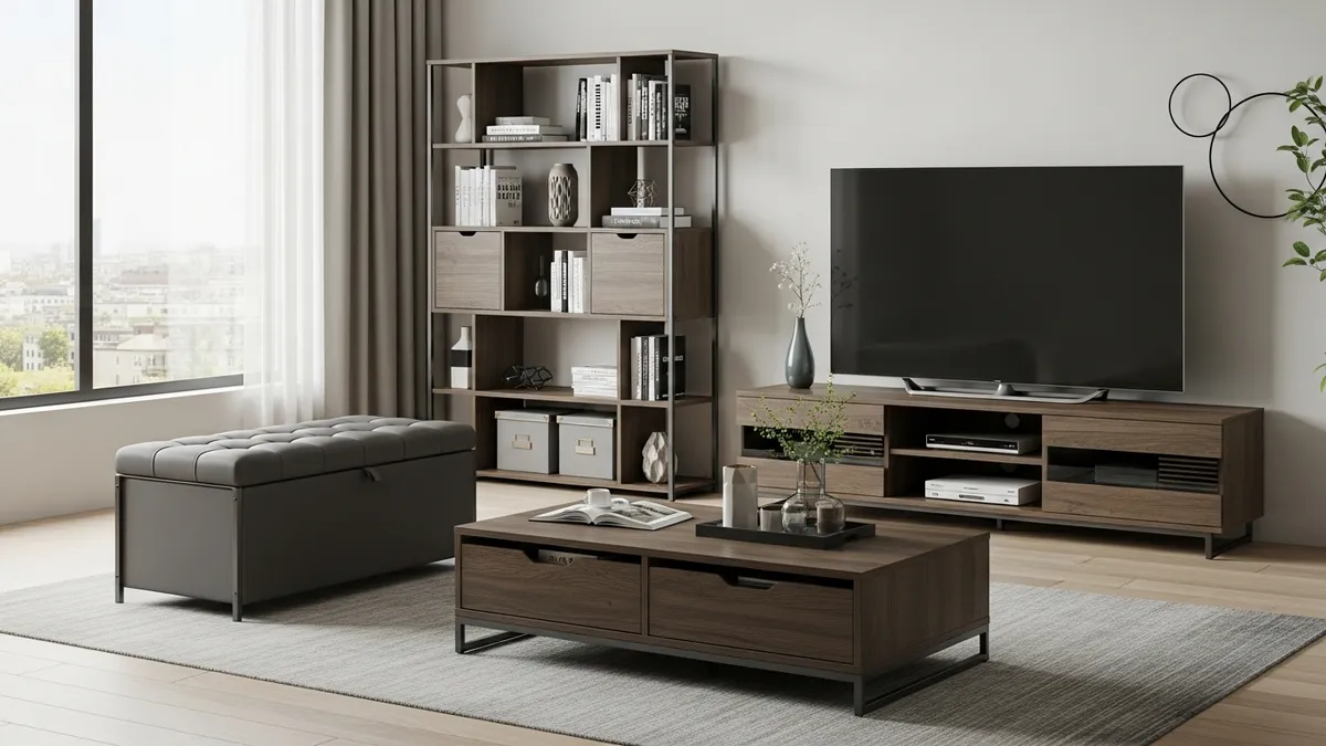 Multifunctional living room furniture with built-in storage compartments and drawers