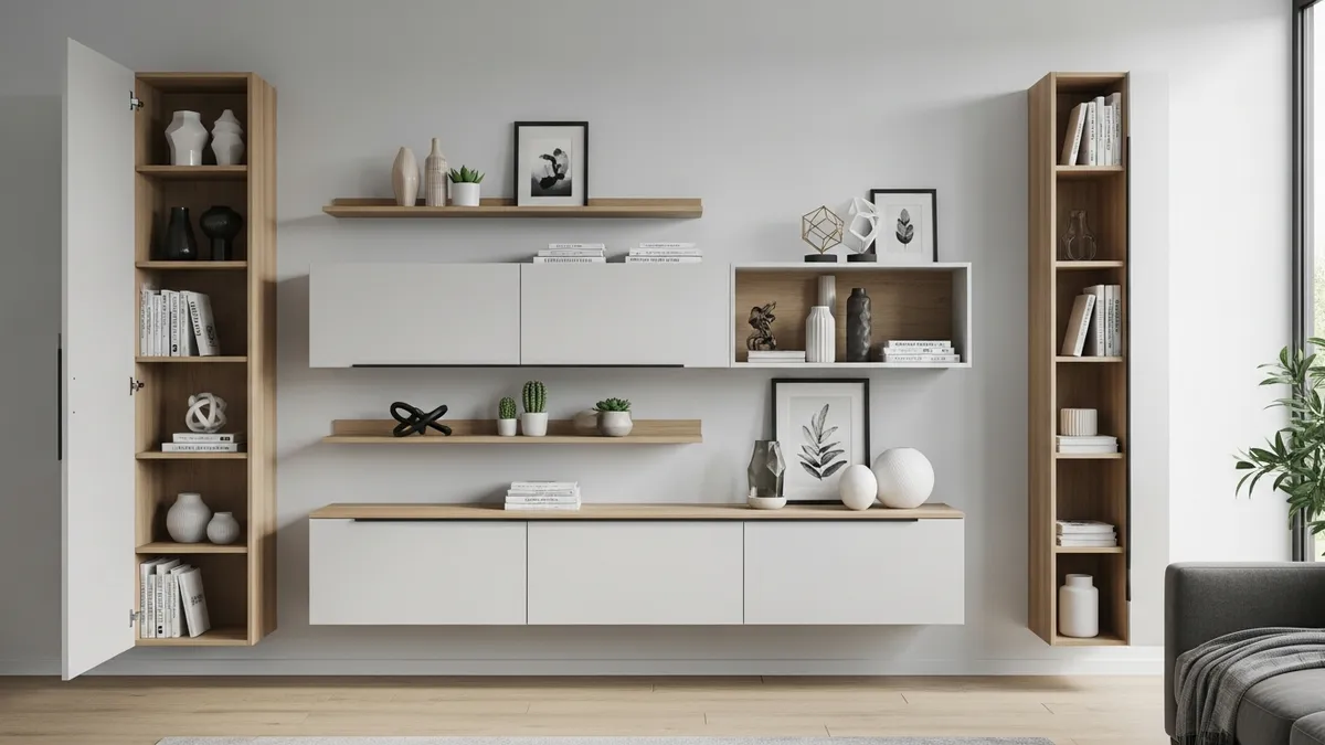 Wall-mounted storage solutions including floating shelves and cabinets in modern living room