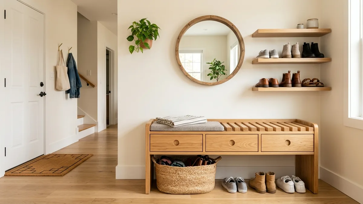 Organized entryway with wooden shoe storage bench and open shelves displaying neatly arranged footwear