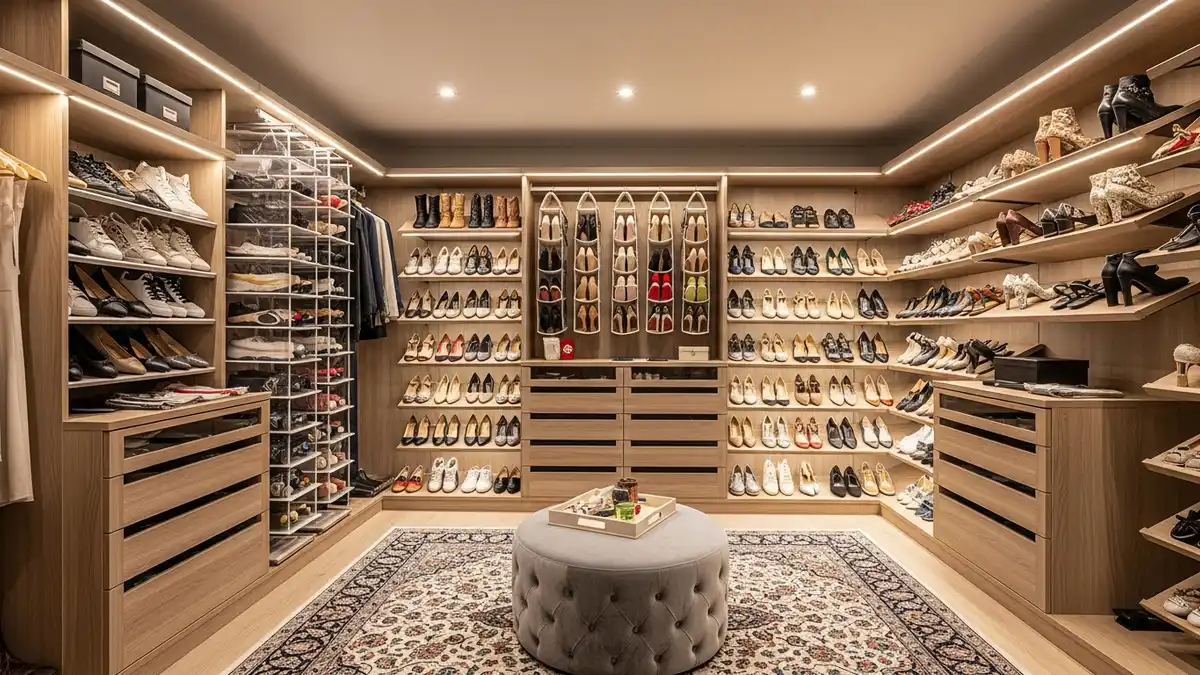 Creative shoe storage ideas for closet organization with multiple storage solutions in modern wardrobe
