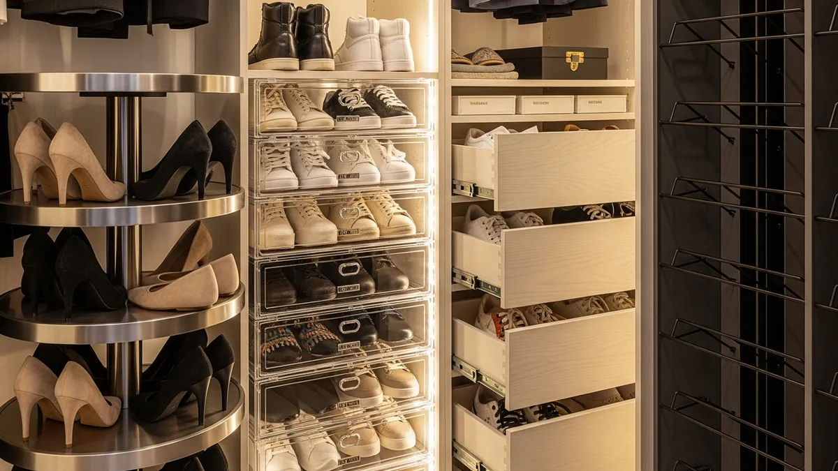 Various shoe storage solutions for closet including clear boxes and rotating systems