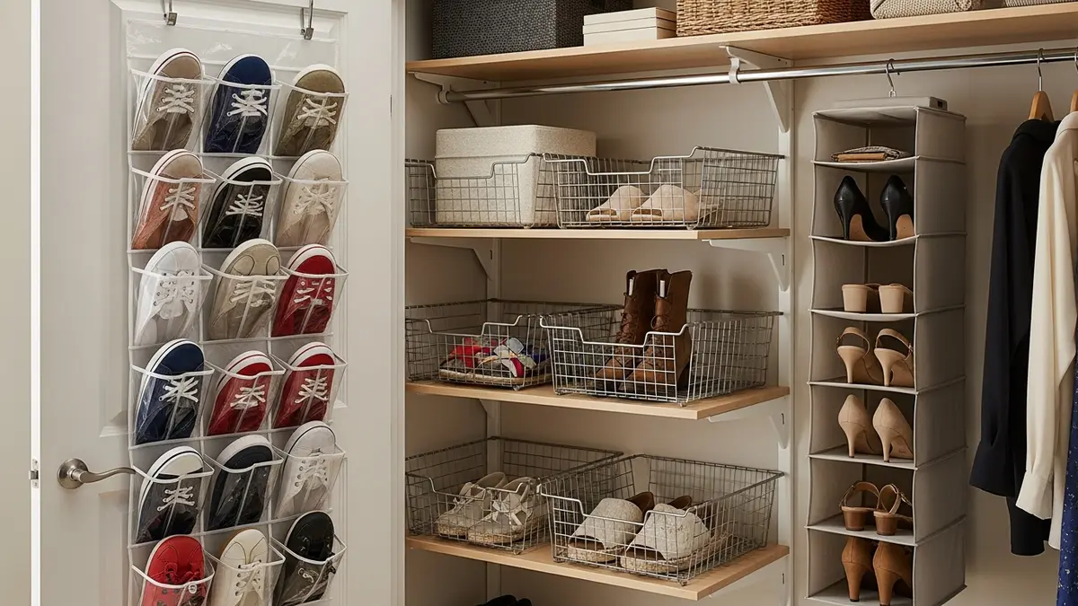Space-saving shoe storage ideas for small closet with vertical and door-mounted solutions