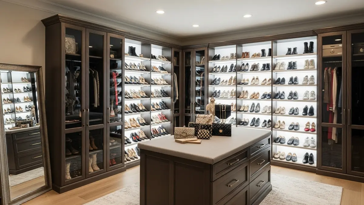 Luxury shoe storage ideas for walk-in closet with built-in displays and custom cabinets