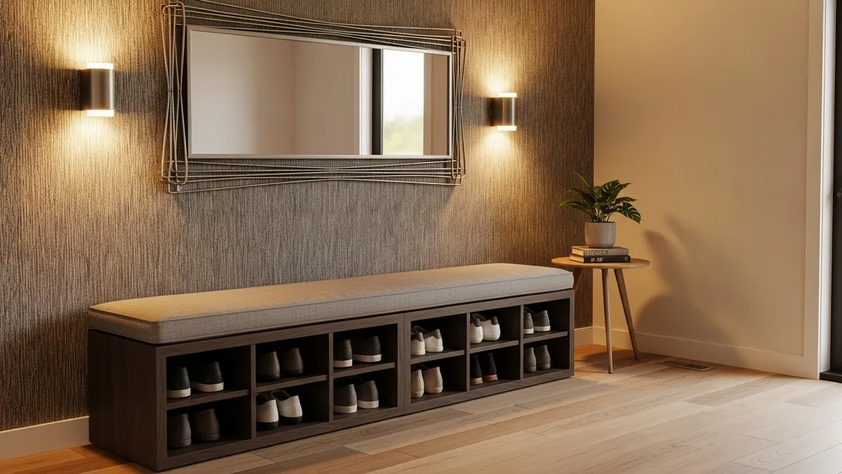 Entryway bench with shoe storage compartments for organized footwear